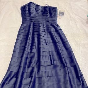 Adrianna Papell satiny strapless navy blue layered cocktail dress; never worn